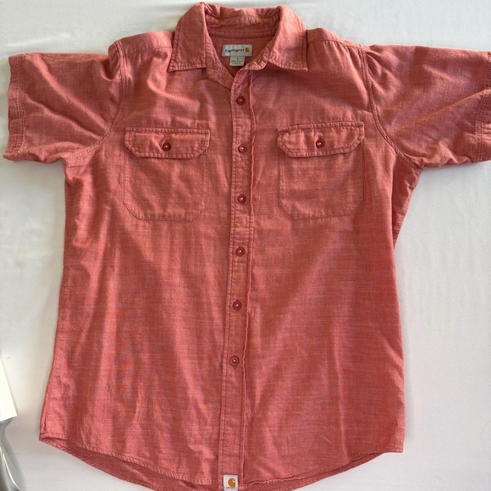 Vintage Carhartt Men's Brick Red Button-Up Short Sleeve Camp Shirt